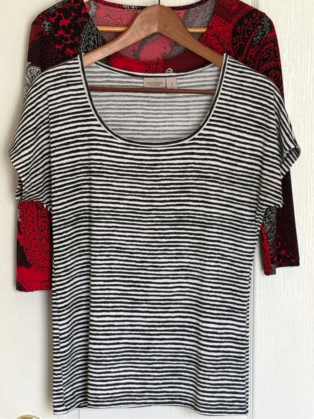 Chico’s Size 1 Blouse Bundle: Striped Scoop Neck & Red Paisley Tops